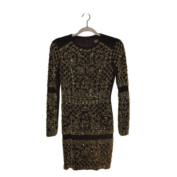 XSCAPE $220 Black Long Sleeve Gold Bead Embellished‎ Bodycon Mini Dress Size 2 - Picture 1 of 4